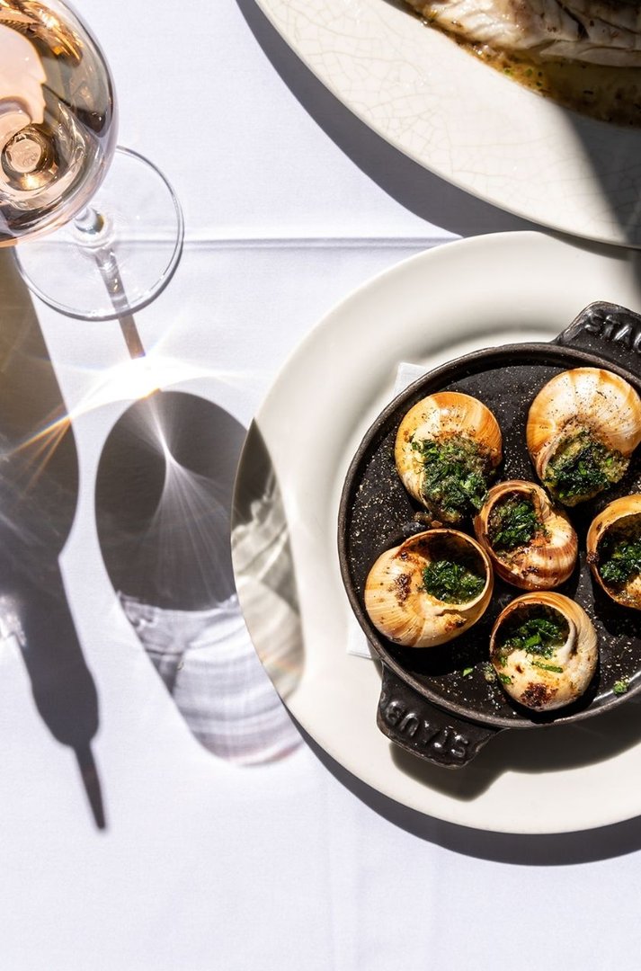 Plated seafood and wine